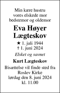 Dødsannoncen for Eva Høyer Lægteskov - Roslev