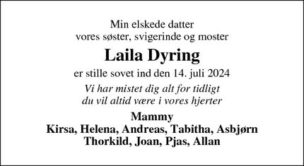 Dødsannoncen for Laila Dyring - Klinkby