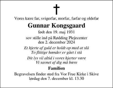 Dødsannoncen for Gunnar Kongsgaard  - Rødding 