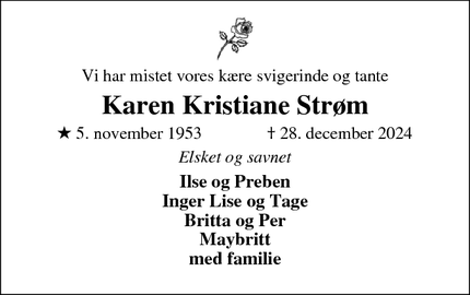 Dødsannoncen for Karen Kristiane Strøm - Spøttrup