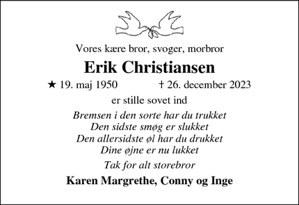 Dødsannoncen for Erik Christiansen - Sorø