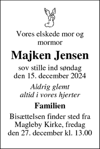 Dødsannoncen for Majken Jensen - St. Heddinge