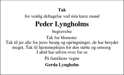 Dødsannoncen for Peder Lyngholms  - Sunds