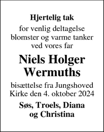 Dødsannoncen for Niels Holger
Wermuths - Jungshoved 