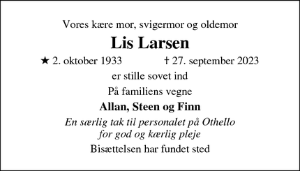 Dødsannoncen for Lis Larsen - Fredericia