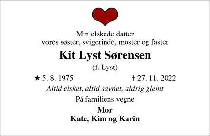 Dødsannoncen for Kit Lyst Sørensen - Esbjerg