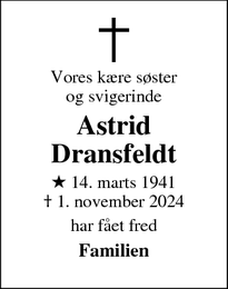 Dødsannoncen for Astrid Dransfeldt - Tjæreborg