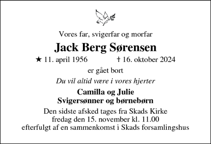 Dødsannoncen for Jack Berg Sørensen - Esbjerg