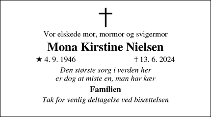 Dødsannoncen for Mona Kirstine Nielsen - Ejby