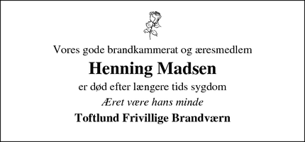 Dødsannoncen for Henning Madsen - Toftlund