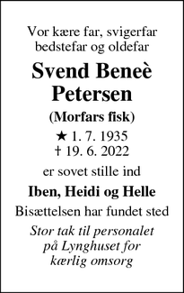 Dødsannoncen for Svend Beneè
Petersen - Vig