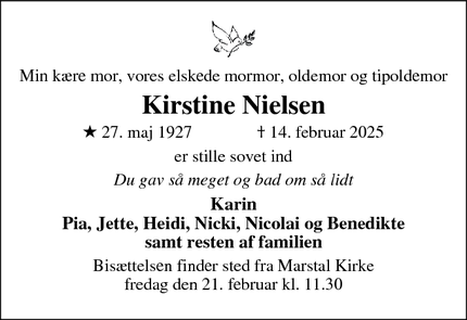 Dødsannoncen for Kirstine Nielsen - Odense S