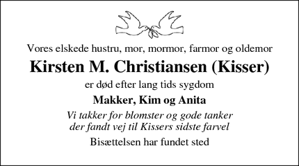 Dødsannoncen for Kirsten M. Christiansen (Kisser) - Svendborg