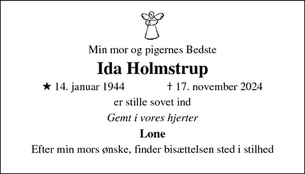 Dødsannoncen for Ida Holmstrup - Svendborg 