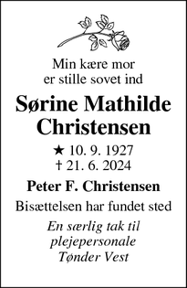 Dødsannoncen for Sørine Mathilde
Christensen - Rødekro