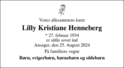 Dødsannoncen for Lilly Kristiane Henneberg - Ansager