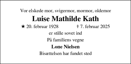 Dødsannoncen for Luise Mathilde Kath - Varde