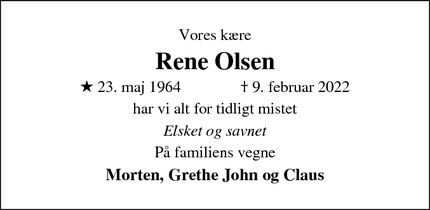 Dødsannoncen for Rene Olsen - Udsholt, 3230 Græsted