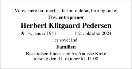 Dødsannoncen for Herbert Klitgaard Pedersen - Skærød, Helsinge