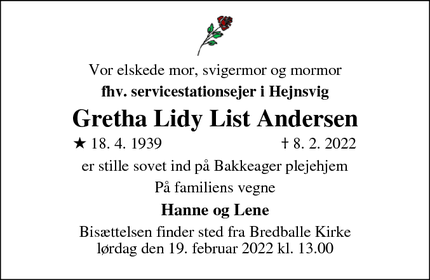 Dødsannoncen for Gretha Lidy List Andersen - Vejle