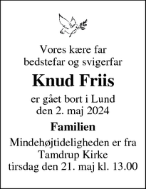 Dødsannoncen for Knud Friis - Jelling