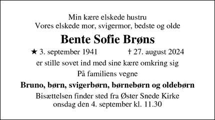 Dødsannoncen for Bente Sofie Brøns - Østernede 