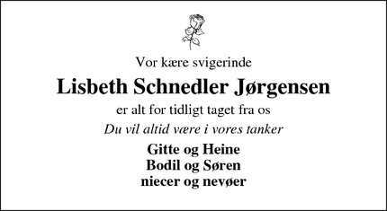 Dødsannoncen for Lisbeth Schnedler Jørgensen - Føvling