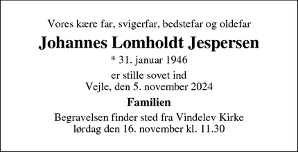 Dødsannoncen for Johannes Lomholdt Jespersen - Bredsten