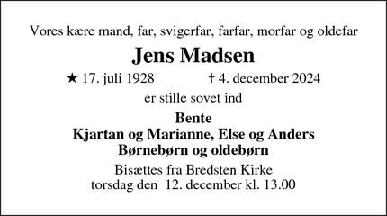 Dødsannoncen for Jens Madsen - Bredsten