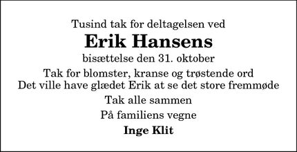 Taksigelsen for Erik Hansens - Hjørring