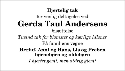 Taksigelsen for Gerda Taul Andersen - Hvam St. 9620 Aalestrup
