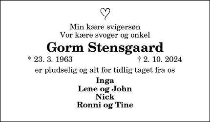 Dødsannoncen for Gorm Stensgaard - Stenild