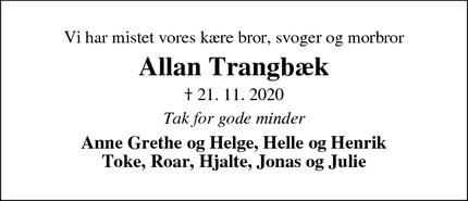 Dødsannoncen for Allan Trangbæk - Viborg