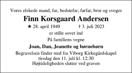 Dødsannoncen for Finn Korsgaard Andersen - Karup J