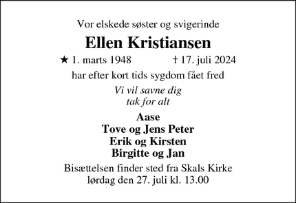 Dødsannoncen for Ellen Kristiansen - Skals