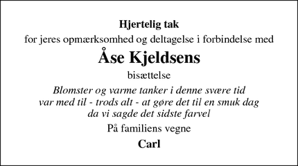 Taksigelsen for Åse Kjeldsens - Spjald