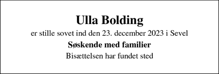 Dødsannoncen for Ulla Bolding - Sevel