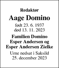 Dødsannoncen for Aage Domino - Saksild, Odder