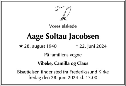 Dødsannoncen for Aage Soltau Jacobsen - Frederikssund