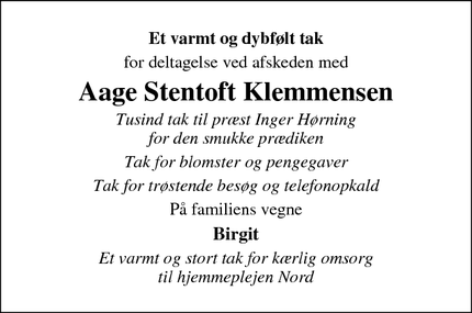 Taksigelsen for Aage Stentoft Klemmensen - Amtoft 