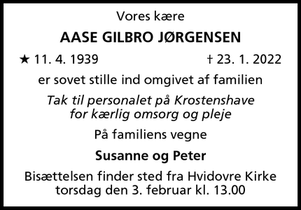 Dødsannoncen for Aase Gilbro JØrgensen - Hvidovre