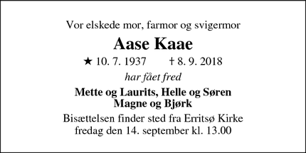 Dødsannoncen for Aase Kaae - Snoghøj