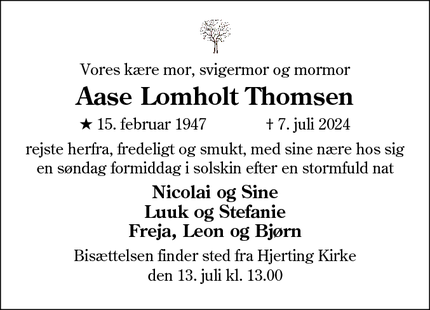 Dødsannoncen for Aase Lomholt Thomsen - Esbjerg