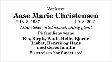 Dødsannoncen for Aase Marie Christensen - Aalborg