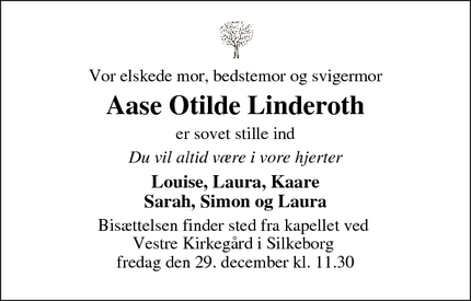 Dødsannoncen for Aase Otilde Linderoth - Aarhus N