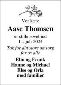 Dødsannoncen for Aase Thomsen - Aalestrup