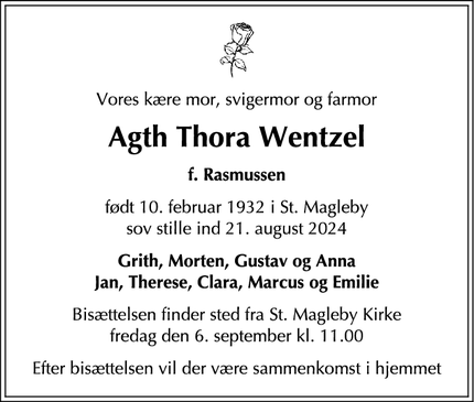 Dødsannoncen for Agth Thora Wentzel - Dragør