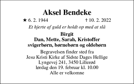 Dødsannoncen for Aksel Bendeke - Hillerød