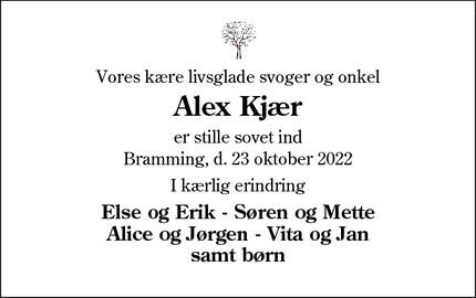 Dødsannoncen for Alex Kjær - Bramming