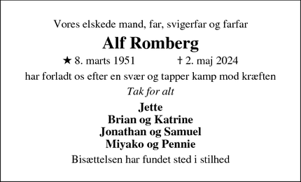 Dødsannoncen for Alf Romberg - vordingborg